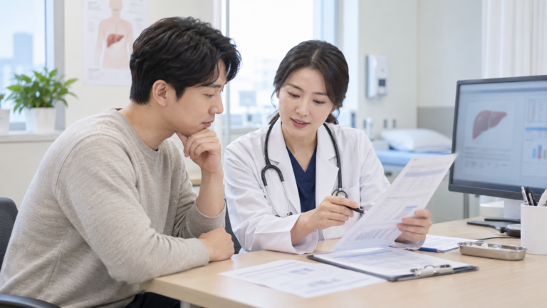 건강검진 빌리루빈 수치 검사 결과를 의료진과 확인하는 성인