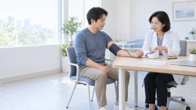 혈압계를 착용한 성인이 건강검진 혈압 정상수치와 가정혈압 재측정 방법을 의료진에게 확인하는 장면