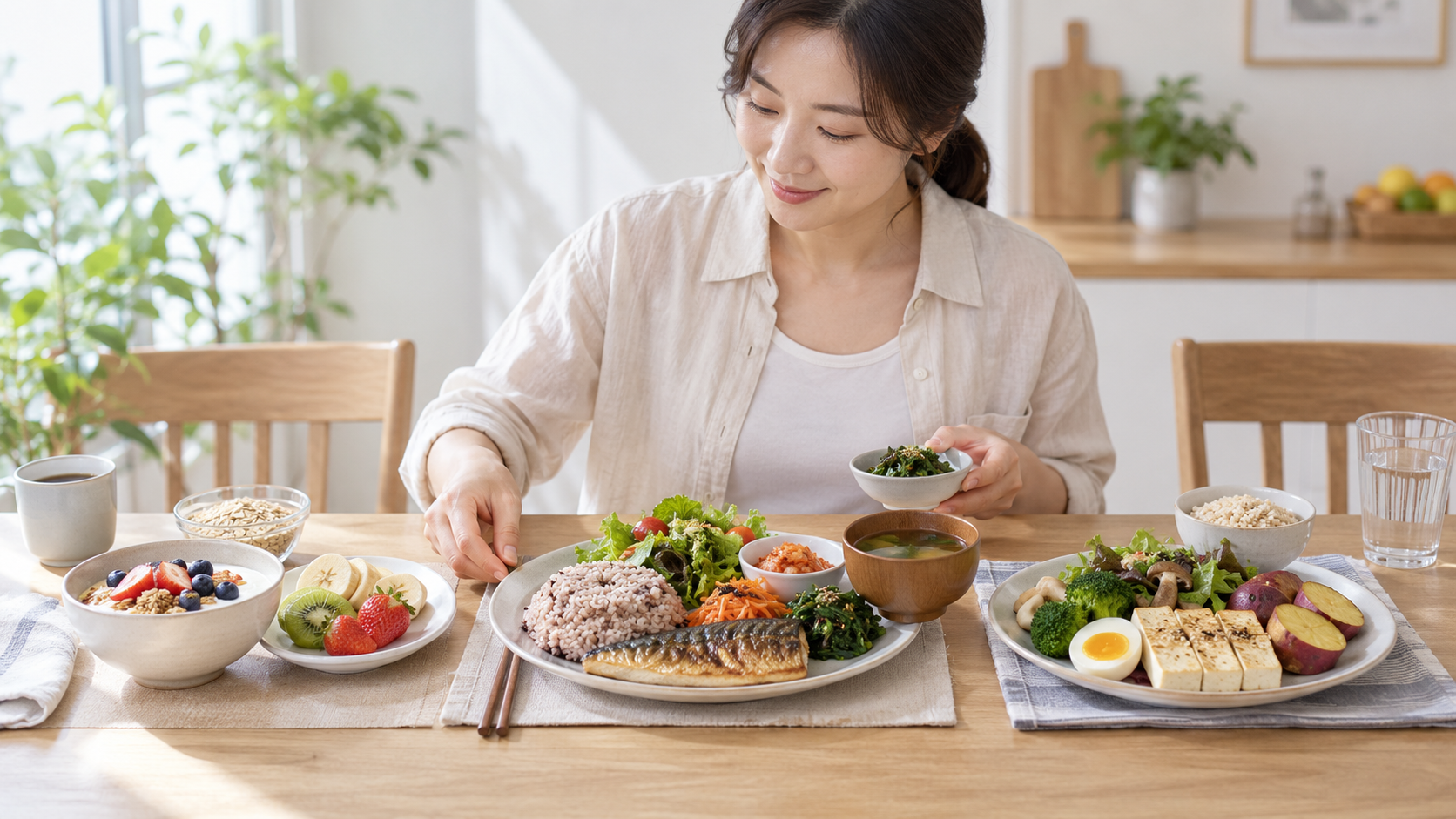 밥 단백질 식품 채소로 구성한 아침 점심 저녁 다이어트 식단 예시