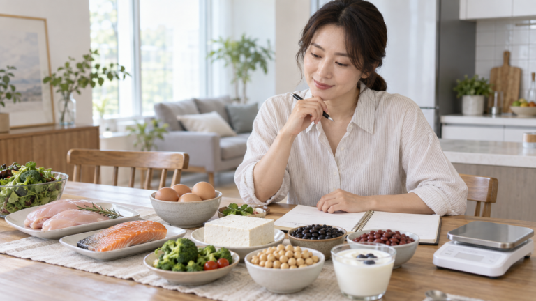 체중에 맞는 하루 단백질 섭취량을 확인하며 균형 잡힌 식사를 준비하는 모습