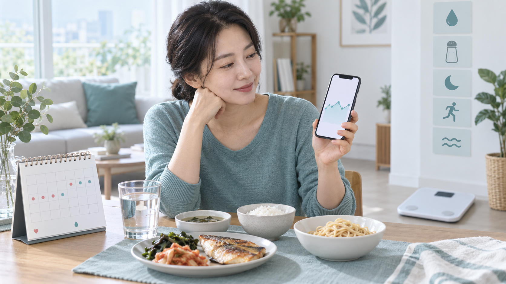 수분 나트륨 탄수화물 식사와 생리주기 등 하루 체중 변화 요인을 확인하는 모습