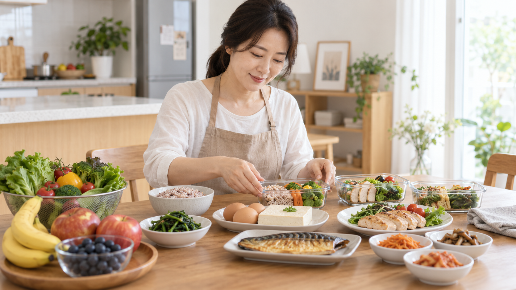 아침 점심 저녁으로 구성한 균형 잡힌 다이어트 식단을 준비하는 모습