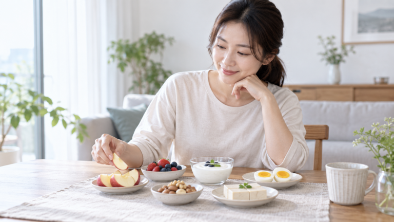 다이어트 중 배고플 때 과일 요거트 달걀 견과류 등 간식을 고르는 모습