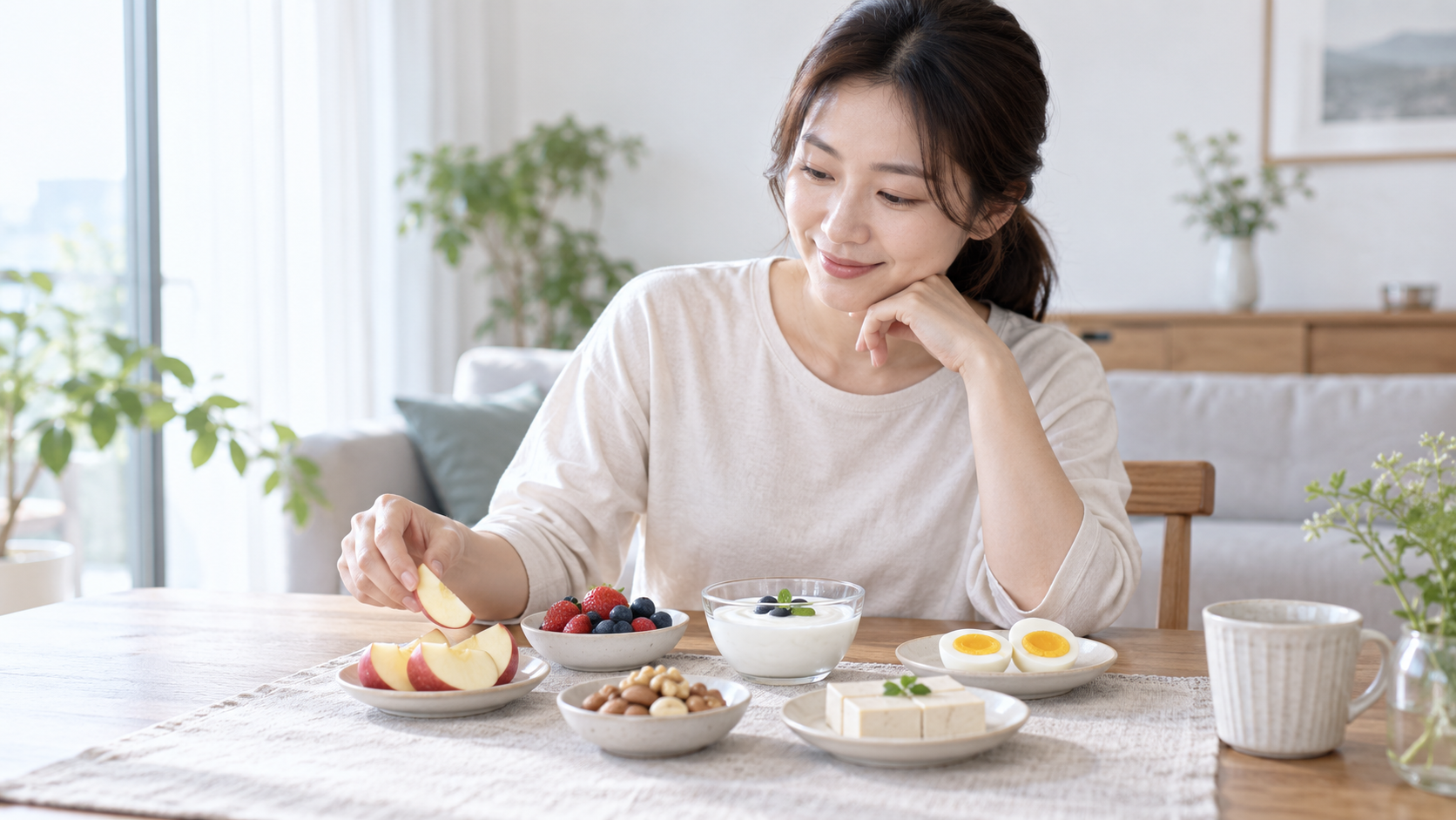 다이어트 중 배고플 때 과일 요거트 달걀 견과류 등 간식을 고르는 모습