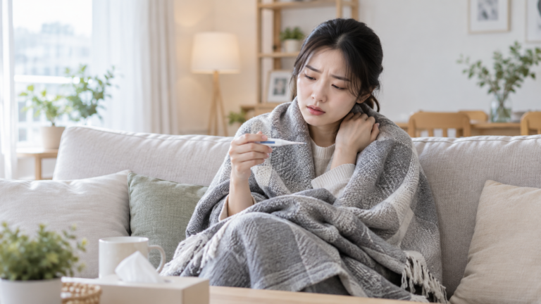 독감 증상으로 갑작스러운 발열과 몸살을 느끼는 성인
