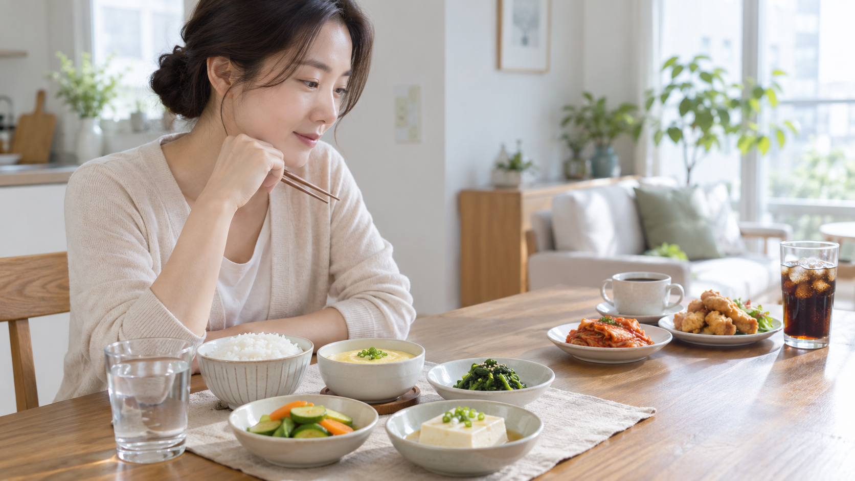 위염이 있을 때 양배추와 죽, 커피 등 여러 음식 중 식사 선택을 고민하는 모습