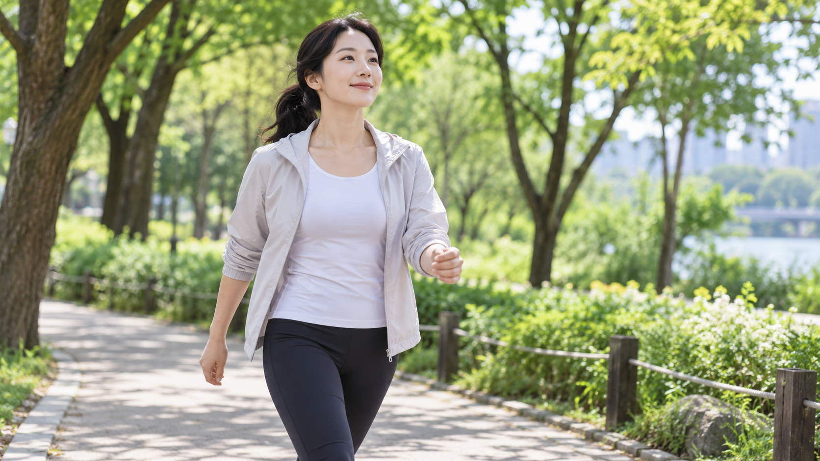 HDL 콜레스테롤 관리를 위해 공원에서 빠르게 걷는 성인
