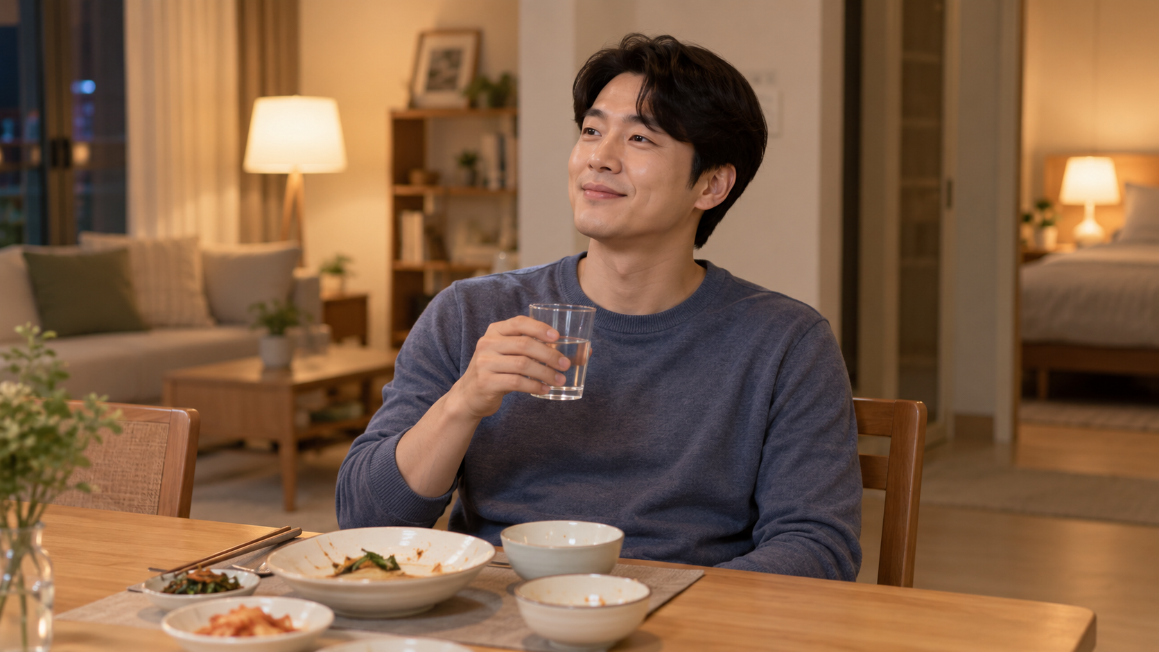 식후 속쓰림이 있을 때 바로 눕지 않고 앉아 있는 성인의 모습