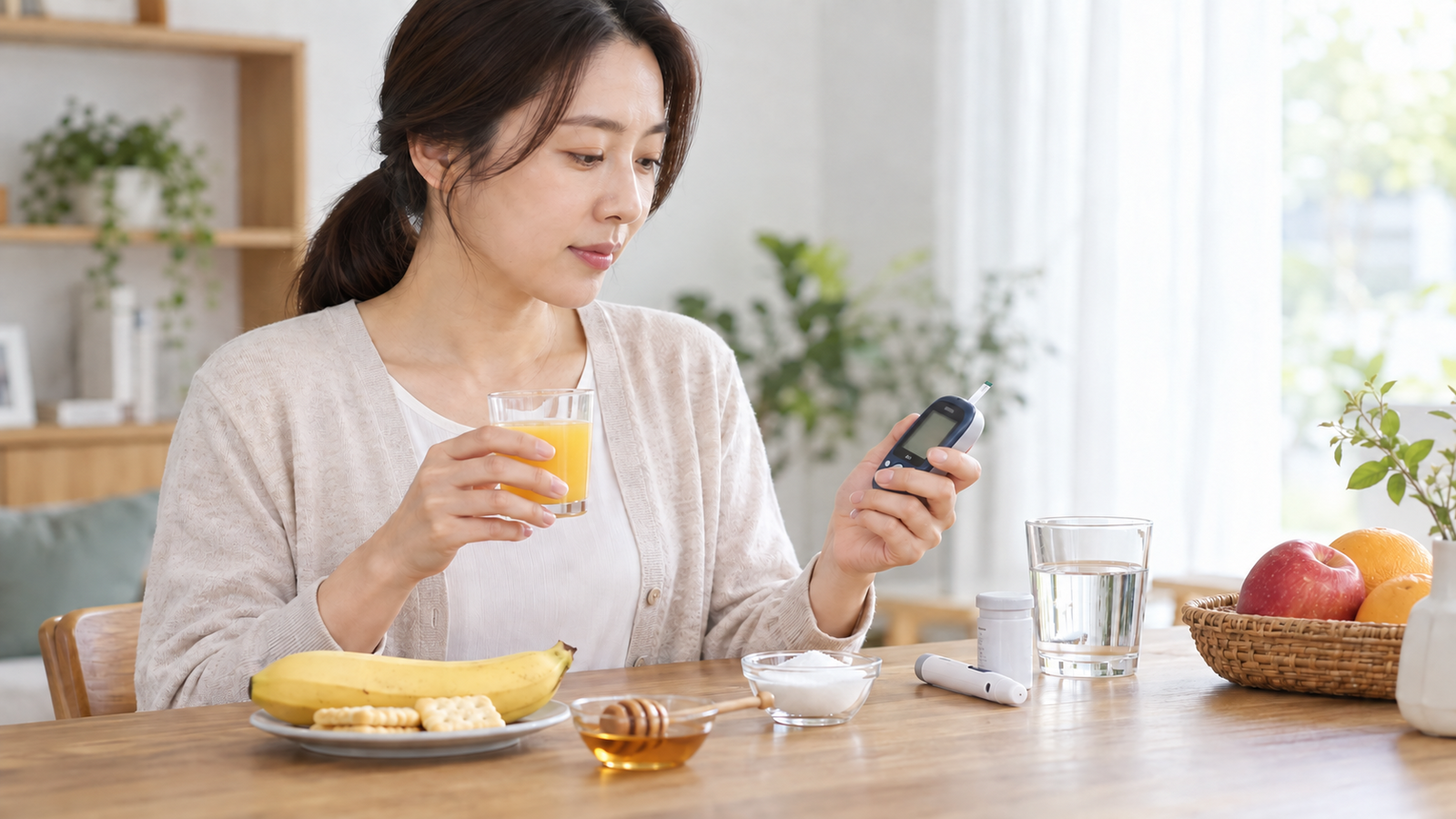 저혈당 대처를 위해 혈당측정기와 빠르게 흡수되는 당분을 준비한 모습