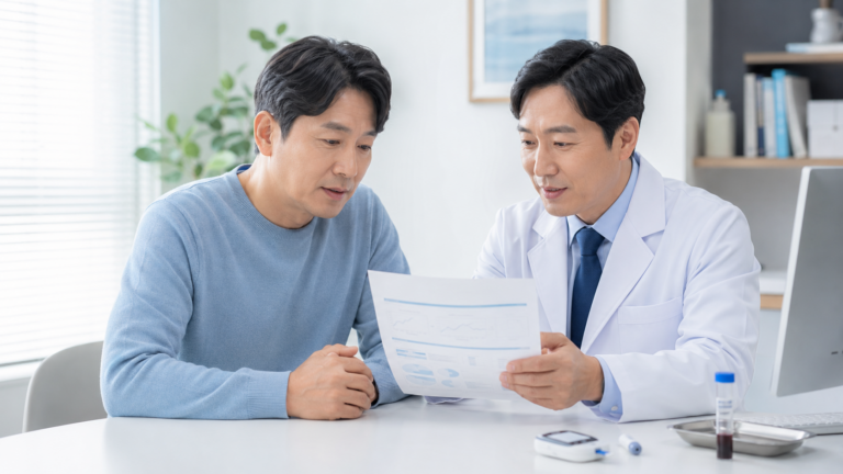 건강검진 결과표의 공복혈당장애 의심 문구와 후속검사 순서를 의료진과 확인하는 장면