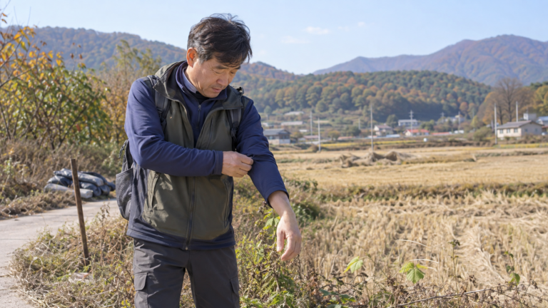 가을 야외활동 후 쯔쯔가무시 증상을 확인하는 성인