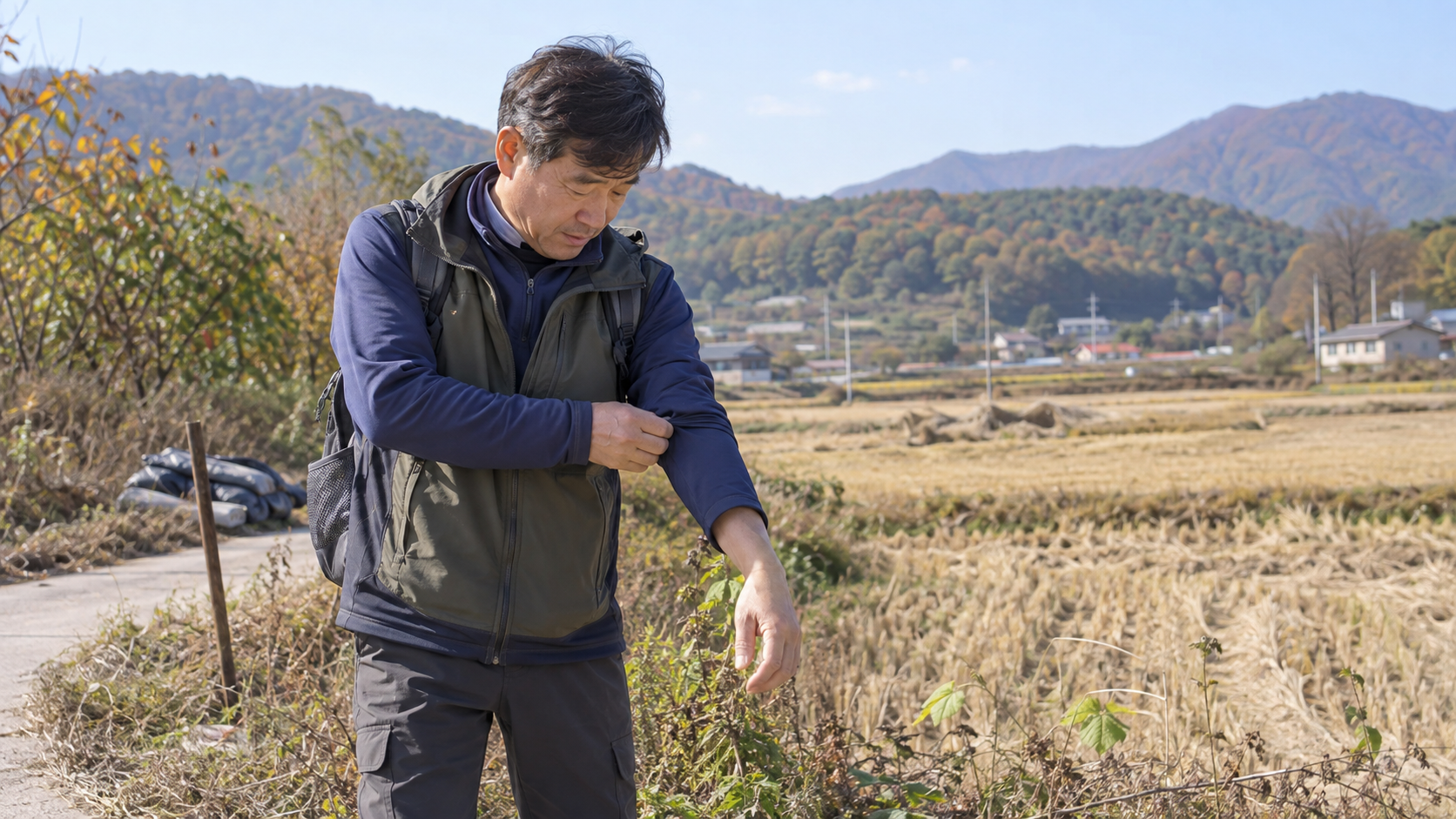 가을 야외활동 후 쯔쯔가무시 증상을 확인하는 성인