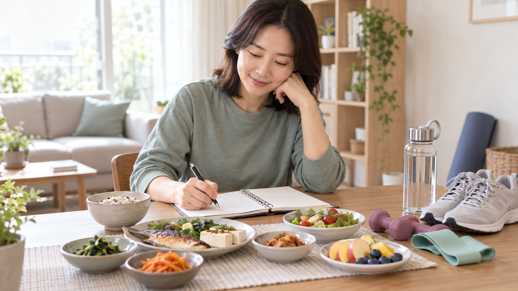 2주 다이어트를 위해 균형 잡힌 식사와 걷기 운동을 준비하는 성인