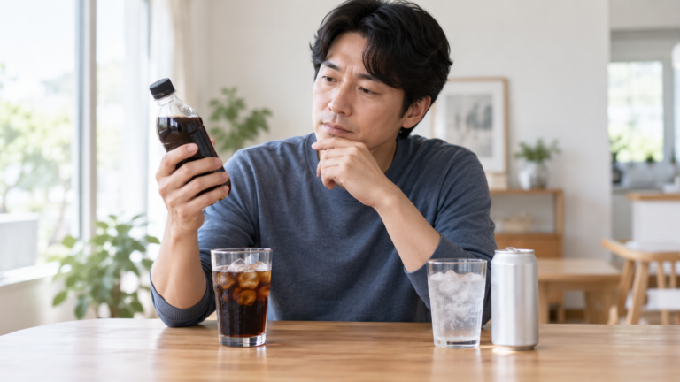 제로 음료와 일반 가당 탄산음료를 비교하며 영양정보를 확인하는 모습