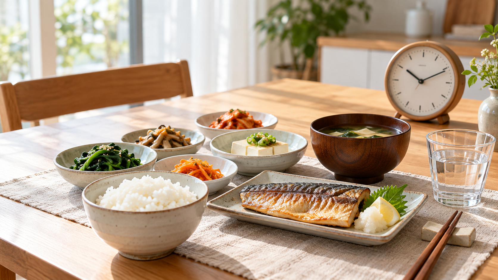 햇살이 들어오는 식탁에 밥, 구운 생선, 두부, 채소 반찬, 국과 물이 차려진 한식 식사