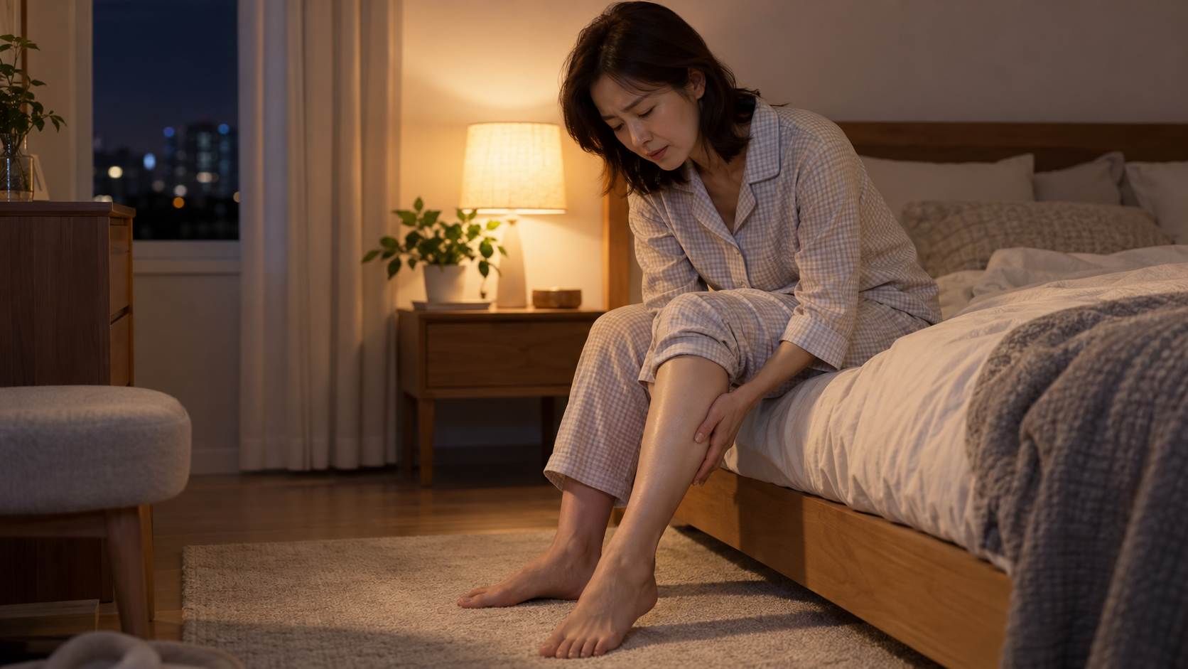 밤에 자다가 종아리 근육경련으로 잠에서 깨어 다리를 잡고 있는 성인 여성