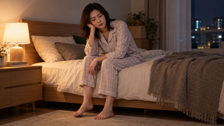 밤에 다리가 불편해 침대에 앉아있는 성인 여성