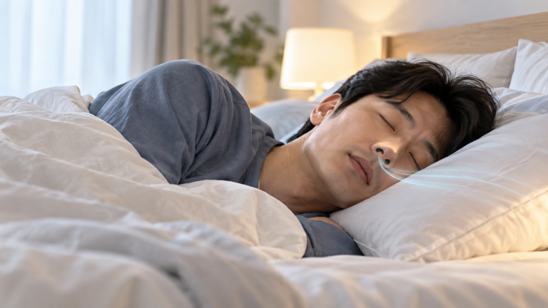 수면무호흡증과 코골이 증상을 확인하는 성인의 수면 모습